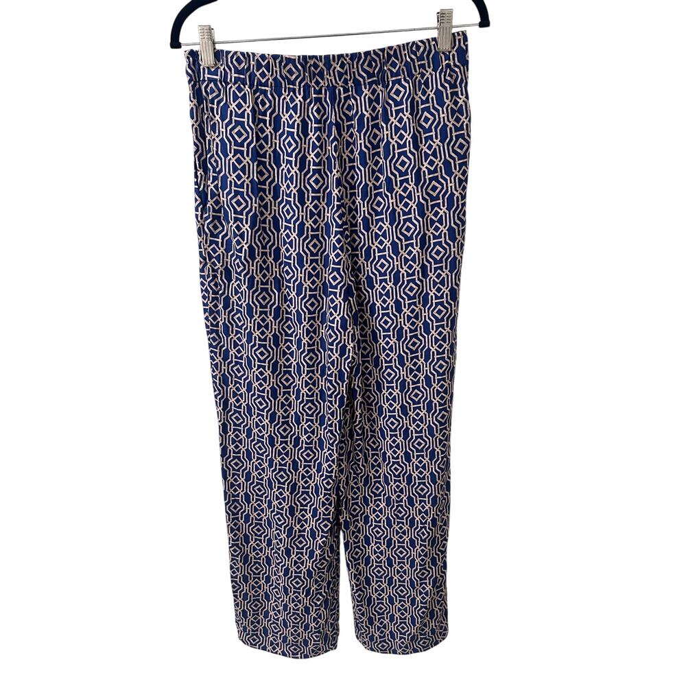 J.McLaughlin Silk Blend Geometric Wide Leg Pull On Pants Navy Tan Quiet Luxury 8 - Picture 11 of 11
